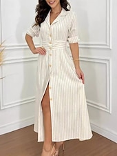 voordelige Blousejurken-dames gestreepte overhemdkraag maxi-jurk 3/4 mouw zomer lente