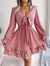 abordables Vestidos casuales blancos-Mujer Mini vestido Vestido informal Vestido de una línea Elegante Estilo lindo Casual Vacaciones Fiesta Diario Ajuste regular Plano Manga Larga Escote en Pico Blanco Rosa Azul Piscina Primavera Otoño
