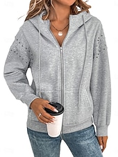 baratos Moletons e Sweatshirts Texturizados-Mulheres Moletom com zíper Tecido Moderno Confortável Manga Longa Com Capuz Tops regulares Casual Patchwork Zíper Bolsos Cinzento Primavera Outono Inverno