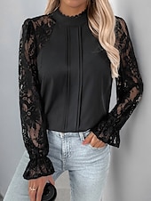 cheap Lace Tops-Women&#039;s Lace Shirt Solid Color Elegant Long Sleeve High Neck Regular Tops Daily Going out Lace Black Spring Fall