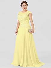 preiswerte Bodenlänge-A-Linie Mutter der Braut Kleid Hochzeitsgast Elegant Plus Size Illusionshals Sweep  Brush Zug Chiffon Perlenbesetzte Spitze Kurze Ärmel ohne Schleife(n) Falten 2025 kostenlose Maßanfertigung