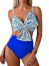 billiga Bikiniset-Dam Badkläder Bikini 2 st Kalsonger Baddräkt Öppen rygg Smal Hög midja Semester Standkläder Blommig V-hals Ärmlös Baddräkter