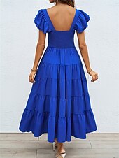 رخيصةأون فساتين الحفلات-فستان نسائي متوسط الطول برقبة مربعة وأكمام قصيرة للصيف والربيع