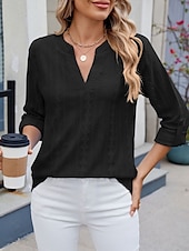 preiswerte Spitzenoberteile-Damen Hemd Bluse Feste Farbe Basic Brautkleider schlicht Langarm V Ausschnitt Normale Oberteile Täglich Öse Schwarz Weiß Blau Frühling Herbst