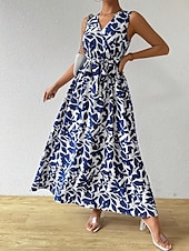baratos Vestidos Florais Elegantes-vestido longo feminino floral com decote em v sem mangas verão primavera