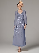 abordables Avec veste-tailleur-pantalon fourreau deux pièces robe de mère de la mariée mariage de plage élégant scintillant&amp;amp;Robe longue en mousseline de soie à paillettes et col en V brillant, longueur cheville,