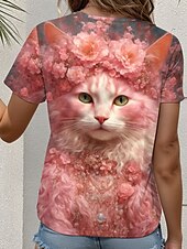 billige Dyrene tee-Dame T skjorte Blomstret Katt Fritid Kortermet Rund hals Vanlige topper Daglig Trykt mønster Rosa Sommer