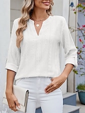 preiswerte Spitzenoberteile-Damen Hemd Bluse Feste Farbe Basic Brautkleider schlicht Langarm V Ausschnitt Normale Oberteile Täglich Öse Schwarz Weiß Blau Frühling Herbst