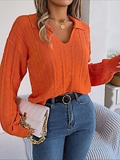 cheap Solid Colors-Women&#039;s Sweater Casual Soft Pure Color Ribbed V Neck Knitted Long Sleeve Regular Tops Knit Outdoor Daily Weekend White Orange Spring Fall