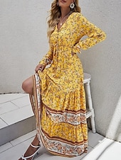 preiswerte Ausgefallene Kleider-Damen Maxidress Casual kleid Schaukelkleid Langärmliges Boho-Kleid A Linie Kleid Böhmen Brautkleider schlicht Urlaub Täglich Regular Fit Blumen Langarm V Ausschnitt Gelb Rosa Blau Frühling Herbst