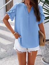 preiswerte Damen Arbeitsoberteile-Damen Hemd Bluse Feste Farbe Basic Brautkleider schlicht Kurzarm Gekerbter Hals Normale Oberteile Täglich Rüsche Rosa Blau Khaki Sommer