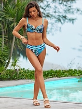 preiswerte Bikini-Sets-Damen Badeanzug Bikinis 2 Stück Bademode Rückenfrei 2 teilig Push-Up Hosen Sexy Print Blatt V-Wire Ausschnitt Urlaub Strandbekleidung Badeanzüge