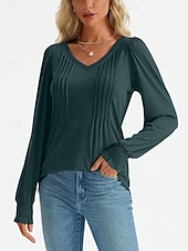 cheap Plain tee-Women&#039;s Shirt Blouse Solid Color Basic Casual Long Sleeve V Neck Regular Tops Daily Ruched Smocked Pink Blue Green Summer Spring