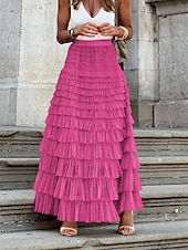 abordables Faldas de gasa-Mujer Falda Línea A Moda Casual Maxi Alta cintura Faldas Color sólido Volante Multi capa Calle Diario Blanco Fucsia Invierno Poliéster