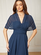 billiga Bröllopsgästklänningar-A-linjeformade bröllopsgästklänningar elegant klänning formell te-längd ärmlös en axel höst bröllopsgäst chiffong med rynkor