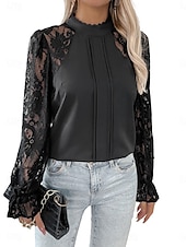 cheap Lace Tops-Women&#039;s Lace Shirt Solid Color Elegant Long Sleeve High Neck Regular Tops Daily Going out Lace Black Spring Fall