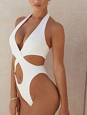 billiga One-piece-baddräkter-Dam Badkläder En bit Monokini Baddräkt Öppen rygg Magkontroll Hög midja Smal Semester Standkläder Ensfärgat Halterneck Ärmlös Baddräkter
