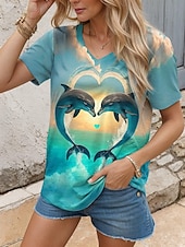tanie hawajska herbata-Damskie Podkoszulek Zwierzę Elegancki Codzienny Krótki rękaw W serek Zwykłe topy Codzienny Nadruk Niebieski Lato