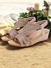 cheap Vacation Sandals-Women&#039;s Bohemian Rhinestone Wedge Sandals – Sparkly Elastic Strap Open-Toe Shoes for Summer, Beach, Casual &amp; Evening Wear
