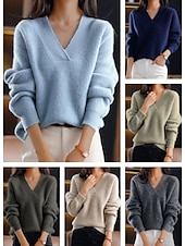 billige Solide farger-Dame Pullover genser Stilfull Fritid Myk Helfarge Riflet V-hals Overstørrelse Langermet Vanlige topper Strikke utendørs Daglig Ut på byen Navyblå Blå Høst Vinter