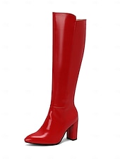 baratos Botas da moda-botas femininas pretas de couro envernizado até o joelho com saltos altos, design elegante para uso noturno moderno e ocasiões especiais