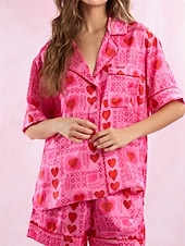 ieftine Seturi noapte pentru femei-Pentru femei Set pijama Casual Confortabili Inimă Butonul sus Buzunar Talie elastică Cămașă Pantaloni Scurți Casă Ziua Îndrăgostiților Zilnic Manșon scurt Guler Cămașă Roz Îmbujorat Fucsia Var