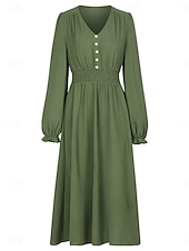 preiswerte Kleider für die Arbeit-Damen Midikleid Casual kleid A Linie Kleid Stilvoll Basic Brautkleider schlicht Urlaub Täglich Regular Fit Glatt Langarm V Ausschnitt Schwarz Armeegrün Sommer Frühling