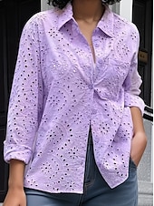 economico Top in Pizzo-Top in pizzo elegante bianco da donna blusa all&#039;uncinetto floreale top regolari maniche lunghe colletto a camicia bottoni vestibilità regolare abbigliamento quotidiano romantico top petite estivi per