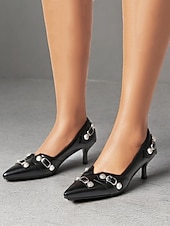 ieftine Tocuri kitten-pantofi de damă eleganti din piele artificială neagră | împodobit cu nit, perfect pentru lucru și petreceri