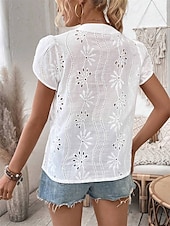 billige Blonder topper-Dame Skjorte Bluse Helfarge Daglig Stilfull Fritid Kortermet V-hals Vanlige topper Arbeid Daglig Ut på byen Broderi Hvit Sommer Vår