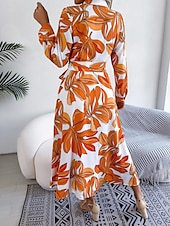 preiswerte Kleider für die Ferien-Damen Maxidress blusenkleid Casual kleid A Linie Kleid Stilvoll Brautkleider schlicht Urlaub Täglich Regular Fit Blumen Langarm Hemdkragen Blau Orange Frühling Herbst