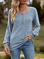 billige Kvinne Enkle Topper-Dame T skjorte عادي Mote Moderne Fritid Langermet Crew-hals Vanlige topper Daglig Helg Knapper Rosa Blå Kakifarget Sommer Vår