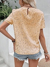 billige Dressy topper-Dame Paljetter Glitrende Party Glimmer عادي Mote Moderne Fritid Kortermet Crew-hals Vanlige topper Daglig Helg Paljetter Svart Rosa Gull Sommer Vår