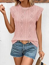 billige Tanks og camisole til kvinner-Kvinnes Camisole Tank Top Ensfarget Grunnleggende Hverdagslig Kortermet Rund U-ring Regular Topper Daglig Hull Hvit Rosa Beige Sommer Vår