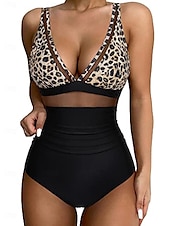 abordables Maillots une pièce-Femme Maillots de Bain Une pièce Maillot de bain Dos Nu Patchwork Rétro Vintage Mode Léopard Col V Sans Manches Maillots de bain