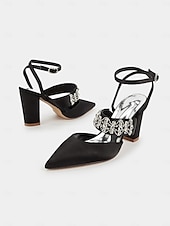 cheap Formal-Women&#039;s Black Satin Pointed Toe Heels – Rhinestone Embellished Ankle Strap Chunky Heels for Evening Parties and Weddings