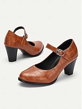 abordables Block Heels-escarpins Mary Jane roses classiques pour femmes - bout rond, bride à la cheville, talon moyen, tenue de travail de bureau