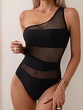 billiga One-piece-baddräkter-Dam Badkläder En bit Monokini Baddräkt Nät Öppen rygg Magkontroll Hög midja Smal Semester Standkläder Ensfärgat Asymmetrisk hals Ärmlös Baddräkter