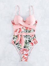 billiga One-piece-baddräkter-Dam Badkläder En bit Monokini Baddräkt Öppen rygg Magkontroll Hög midja Smal Semester Standkläder Blommig V-hals Ärmlös Baddräkter