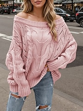 billige Solide farger-Dame Genser Fritid Myk Ren farge Riflet Crew-hals Strikket Hull Langermet Vanlige topper Strikke utendørs Daglig Helg Rosa Kakifarget Høst Vinter