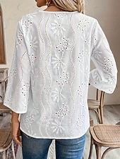 preiswerte Spitzenoberteile-Damen Elegante Weiße Spitzen Tops Ösen Bluse Lässig Einfarbig Reguläre Tops Langarm Eingekerbter Ausschnitt Ösen Reguläre Passform Täglich Weiß Romantische Petite Tops Sommer Urlaub Tragen