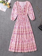 abordables Robes Bohémiennes-Femme Robe Maxi Robe casual Robes bohème chic Robe Trapèze robe boheme Bohême Le style mignon mode Vacances du quotidien Plage Ample Graphic Manches 3/4 Col V Rose Claire Bleu Abricot Printemps