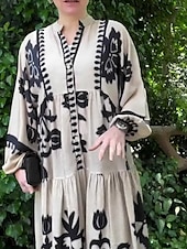 cheap Boho Dress-Women&#039;s Maxi Dress Casual Dress Swing Dress Boho Dress Vintage Ethnic Casual Vacation Daily Regular Fit Floral Long Sleeve Notched Neck Black White Spring Fall