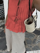 economico Camicie-Per donna Abbottonare Camicia in cotone e lino Tinta unica Essenziale Casual Senza Maniche Girocollo Top Regolari Quotidiano Volant Nero Bianco Rosso Estate Primavera