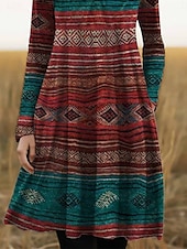abordables Robes Bohémiennes-mini robe à col rond géométrique pour femme à manches longues été printemps
