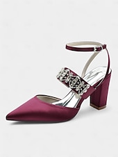 cheap Formal-Women&#039;s Black Satin Pointed Toe Heels – Rhinestone Embellished Ankle Strap Chunky Heels for Evening Parties and Weddings