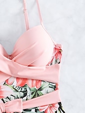 billiga One-piece-baddräkter-Dam Badkläder En bit Monokini Baddräkt Öppen rygg Magkontroll Hög midja Smal Semester Standkläder Blommig V-hals Ärmlös Baddräkter