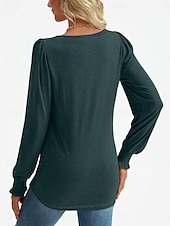 cheap Plain tee-Women&#039;s Shirt Blouse Solid Color Basic Casual Long Sleeve V Neck Regular Tops Daily Ruched Smocked Pink Blue Green Summer Spring