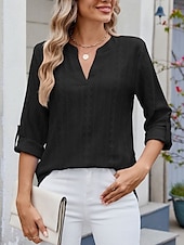 preiswerte Spitzenoberteile-Damen Hemd Bluse Feste Farbe Basic Brautkleider schlicht Langarm V Ausschnitt Normale Oberteile Täglich Öse Schwarz Weiß Blau Frühling Herbst