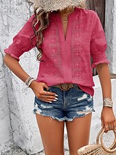 preiswerte Spitzenoberteile-Damen Hemd Bluse Feste Farbe Basic Brautkleider schlicht Halbe Ärmel Gekerbter Hals Normale Oberteile Täglich Bestickt Weiß Rosa Grün Sommer Frühling &amp; Herbst